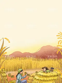 丰收背景  - 源文件下载【酷图网】彩绘,农耕,玫田,芒种,卡通人物,草堆,背景,