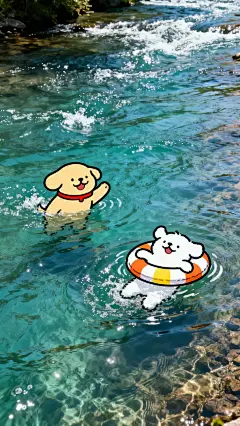 壁纸设计，俯视视角，卡通+写实摄影风格的拼接，两只可爱的卡通粗线勾勒的可爱小狗漂浮在写实摄影风格的清澈的蓝绿色河水中，一只米黄色狗狗戴着红色项圈微笑着漂浮挥手打招呼身体被水浅浅的覆盖，另一只雪白狗狗惬意的仰面在游泳圈上随波晃动而游动，周围散落着两个非常mini的游泳圈分别是橙白色和黄白色，水面非常的真实有阳光斑驳与自然光影和小狗游动的水花和水波纹变化，真实河床质感与水纹细节丰富，水流湍急。卡通角色为插画风，与真实的水面形成强烈视觉对比，，夏日午后氛围，童趣、治愈、安静、梦幻，画面干净简洁