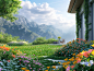landscaped lawn with flowers, in the style of video installation, yuumei, realistic interiors, emek golan, kuang hong, 8k, mountainous vistas