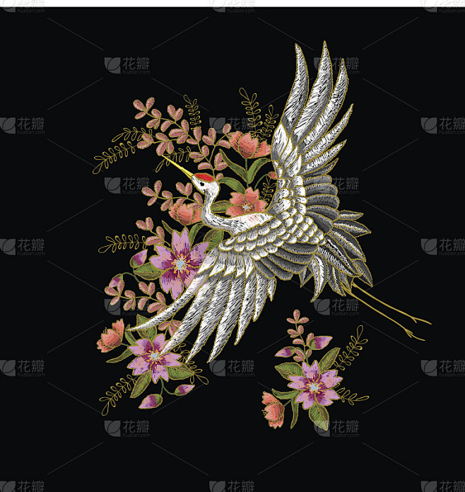 日本白鹤和花。刺绣向量。