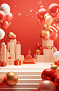 3d christmas party backdrops, in the style of yanjun cheng, simple, colorful illustrations, red and gold, dynamic still lifes, clean and simple designs, ue5, joyful celebration of nature