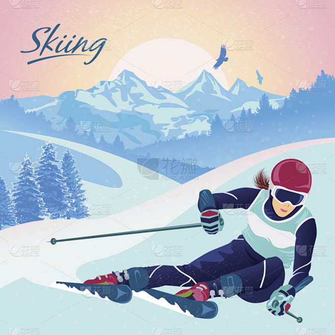 速降滑雪,障碍滑雪赛,山,雪,绘画插图,...