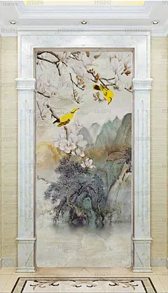 中式装饰玄关水墨手绘玉兰花鸟玄关背景墙
