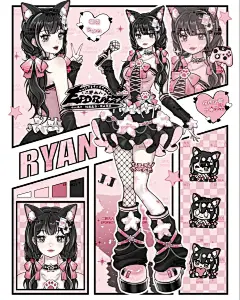 这可能包含：一个动漫人物，有着黑色的头发和猫耳朵，背景是粉红色的