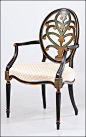 Hand-painted English style beechwood armchair with carved oval backsplat, antiqued black and green finish on the front and back, antiqued go... DecorativeCraft.com #DecorativeCraft #Chair #Design #Decor #InteriorDesign #InteriorDecor #Furniture #Furnishin