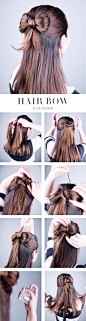 Hair Bow How To: 1. Grab an even section of hair just above your ears. 2. Secure with a hair band, not pulling the hair through completely (creating a small half-bun). 3. Section the bun down the middle— these will be your bows. Fluff “bow” apart with you