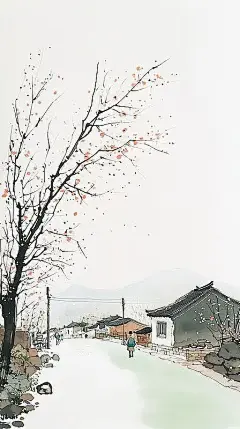 【AI数字艺术】春季立春海报水墨村庄插画下载