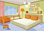 矢量卡通插图室内橙蓝色卧室，客厅配有一张床，柔软的椅子