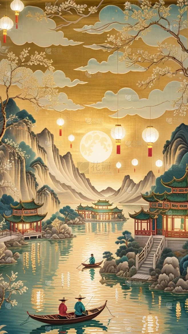 中秋节通用新中式月亮人物背景素材-花瓣网