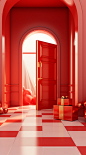 Red door and gold gift and present, in the style of clemens ascher, spatial concept art, yanjun cheng, light-filled compositions, high detailed, interior scenes, cartoon compositions