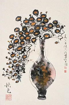 【画家陈家泠国画作品欣赏】—— 菊
  陈家泠1963年毕业于浙江美术学院，最初学习的是人物画，上个世纪七十年代时师从陆俨少先生学习画山水、书法、后攻花鸟画。八十年代开始吸收中国古代壁画和外国水彩的技法，且经过了反复的研究和实践，创造出了具有中国哲理性，兼有印象派、抽象派及表现主义特点的现代国画新流派。在二十世纪七十年代左右成名的那一辈画家中，陈家泠可说是非常&quot;另类&quot;的一位。