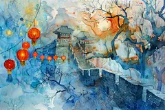 国风彩绘长城绘画图片