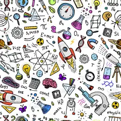 刻的手绘在旧素描和复古的风格。科学公式和计算数学或物理和天文学在白板上。教育和科学。无缝模式.
