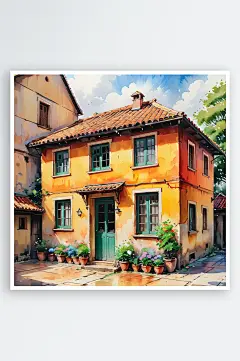 手绘油画老房子四合院插画-众图网