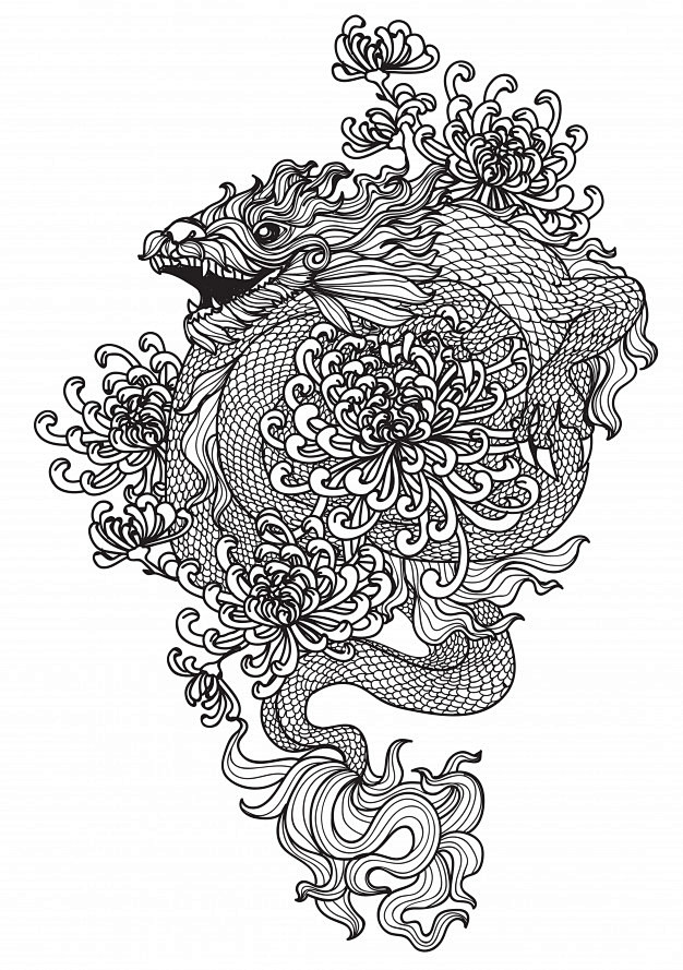 中国龙纹身花纹图形黑白线稿插画矢量图
