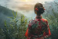郊外旅游甜美女孩背影