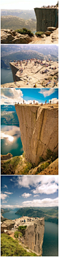 [【挪威布道台】] 挪威南部的凯斯特伦（Preikestolen）悬崖，崖顶方方正正、棱角嶙峋，垂直高度600多米，宛如天成。传说是上帝预备的布道之处。