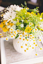 yellow, green, and white arrangement, photo by Mike Olbinski ruffledblog.com/... #flowers #centerpieces #weddingflowers: 