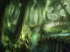 《魔兽世界：燃烧的远征》泰罗卡森林原画：阳光穿过枝桠为我们展现着 诡秘危险的泰罗卡森林的另一面，隐约可以看到安置在树冠中的鸦人营地。