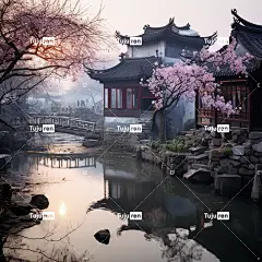江南水乡，阳光明媚，小桥流水大雾柳树，梅花鸟海报