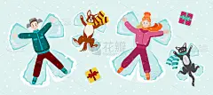 人们和一只狗和一只猫躺在雪地里。用雪做天使。雪天使的概念。向量贺卡模板与快乐的人和有趣的宠物。