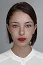 People 1199x1800 portrait display brunette short hair face simple background portrait red lipstick gray eyes freckles bokeh looking at viewer women