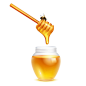 Honey dripping from dipper stick with honeybee in glass jar realistic design concept on white background