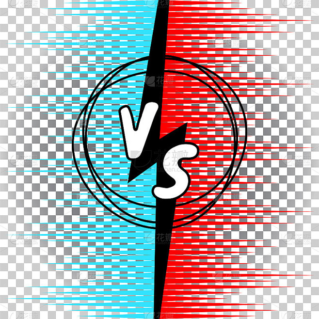 对比信件，漫画风格的矢量插图。VS碰撞战斗概念与射线和拍云。