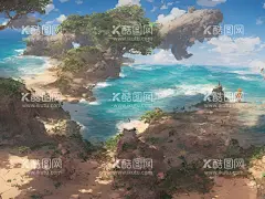 插画海滩壁纸  - 源文件下载【酷图网】动漫,插画,海滩,岩石,海洋,氛围感,宫崎骏,大海背景墙,海景,大海高清图,海滩壁纸,蓝天,唯美