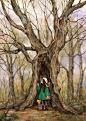 森林里的老树，不知道它有多大年纪呢？~ 来自韩国插画家Aeppol 的「森林女孩日记」系列插画。