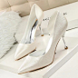 黑白色银粉 五月8公分8CM超高跟鞋8厘米尖头侧空细跟女式夏季单鞋