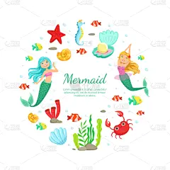 绘画插图,标语,水下,矢量,自然,圆形,可爱的,请柬,海洋,美人鱼