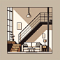 Create a very simplified flat-style illustration of a loft apartment corner from a frontal viewpoint. The scene should only include essential furniture: a section of the staircase, a sofa, a coffee table, and a small stool. Each element should be depicted