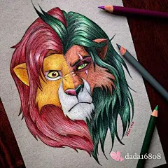 艺术家Dada创作的彩铅画将不同的迪士尼动画人物合二为一，不仅毫无违和感，完美地融合到了一起，而且画功超赞！
