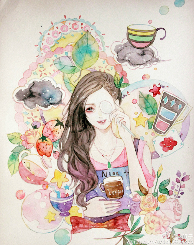 水彩画 手绘 插画 女孩 作者微博by ...