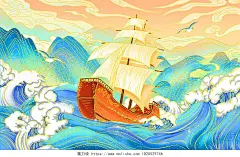 国潮国风古风海浪浪花帆船大船海鸟蓝天白云海水山川卡通手绘插画