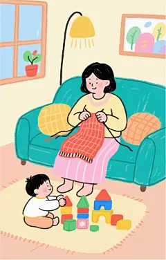 卡通织毛衣温馨童趣插画