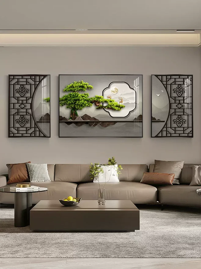迎客松客厅装饰画新中式茶室背景墙挂画办公室壁画禅意大气三联画-tmall.com天猫-花瓣网
