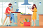 Flat young man with beard and beauty woman couple with gadgets in life.