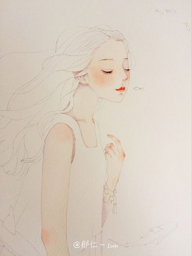 鱼-那仁_那仁插画,手绘,水彩,女孩,鱼...