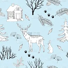 森林,背景,插图画法,绘画插图,插画,鹿,白色,红色,植物学