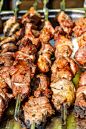 串肉签,猪肉,羊肉串,特写,炊具,格子烤肉,传统,热,香料,烤的