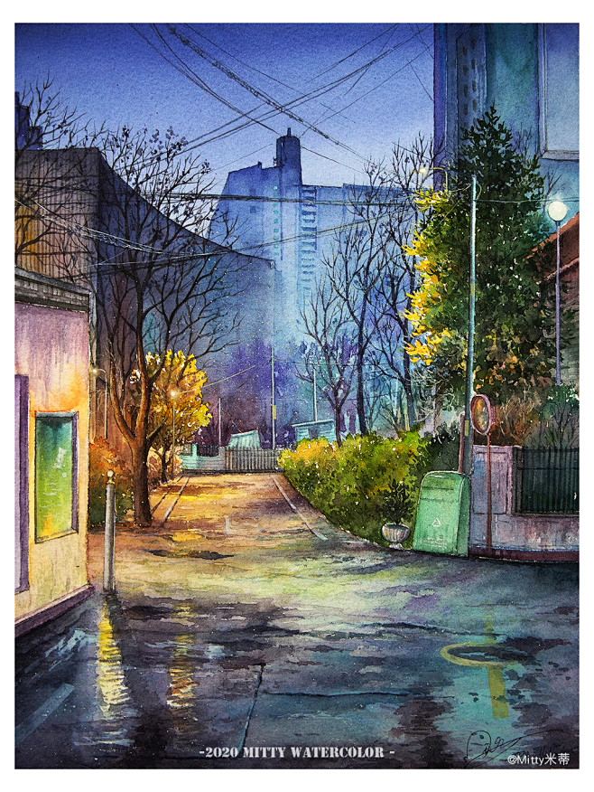11月一个特别的计划“以夜为主题”画一系列的城市夜景，今天分享第一幅作品，“夜幕渐渐落下，路灯们不约而同地睁开了眼睛，在明亮的灯光下，刚刚下过 ...