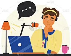 访谈、播客或在线访谈。坐在桌子边的人物正在用笔记本电脑工作。覆盖或海报。