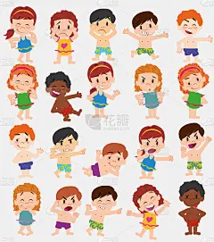 卡通人物男孩和女孩穿着泳衣。设置不同的姿势，姿态和姿势，做不同的活动。矢量插图。