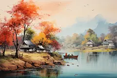 水墨风徽派建筑江南水乡插画