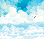 组的两个会飞的鸟与蓝蓝的天空背景上的向量积云