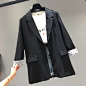 2019春装新款ins超火的复古波点黑色小西装女中长款显瘦外套上衣