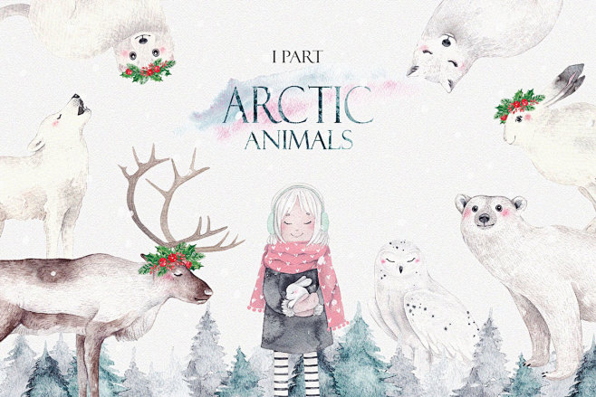 圣诞节主题北极熊女孩&驯鹿手绘水彩剪贴画...