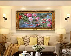 手绘油画新中式风水客厅卧室床头装饰画酒店别墅挂画牡丹花九条鱼-淘宝网